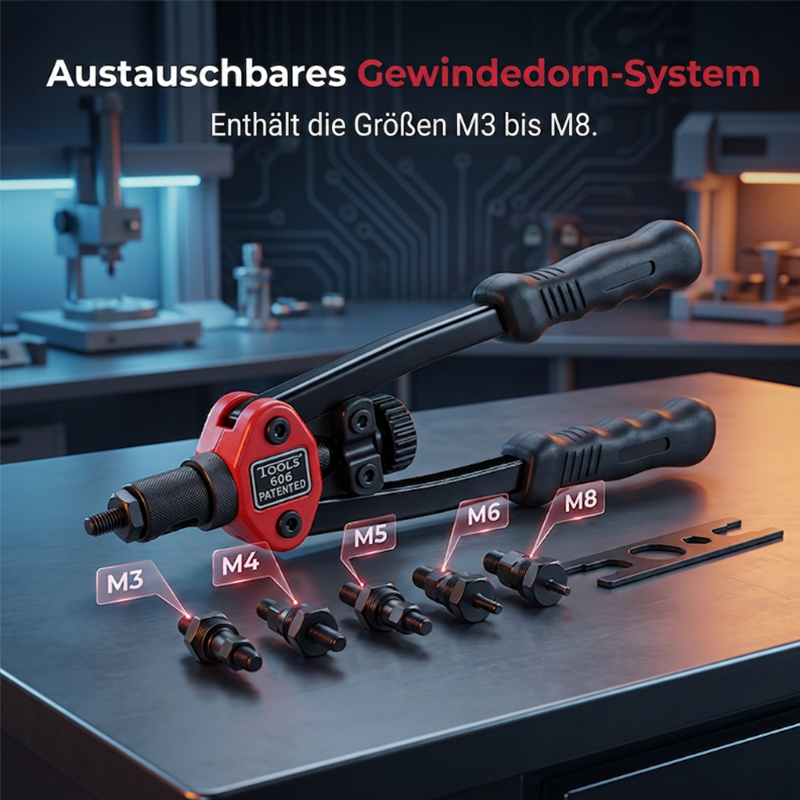 🛠️ Doppelgriff-Nietmuttern-Werkzeugset – Profi-Set mit werkzeuglosem Dornwechsel – M3–M12, kraftsparende Doppelhebel, blind setzbar in Blech & Profil – Stabil, präzise & sofort startklar 🔩