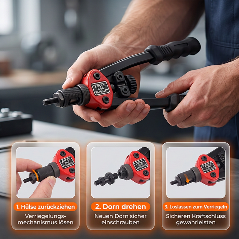 🛠️ Doppelgriff-Nietmuttern-Werkzeugset – Profi-Set mit werkzeuglosem Dornwechsel – M3–M12, kraftsparende Doppelhebel, blind setzbar in Blech & Profil – Stabil, präzise & sofort startklar 🔩