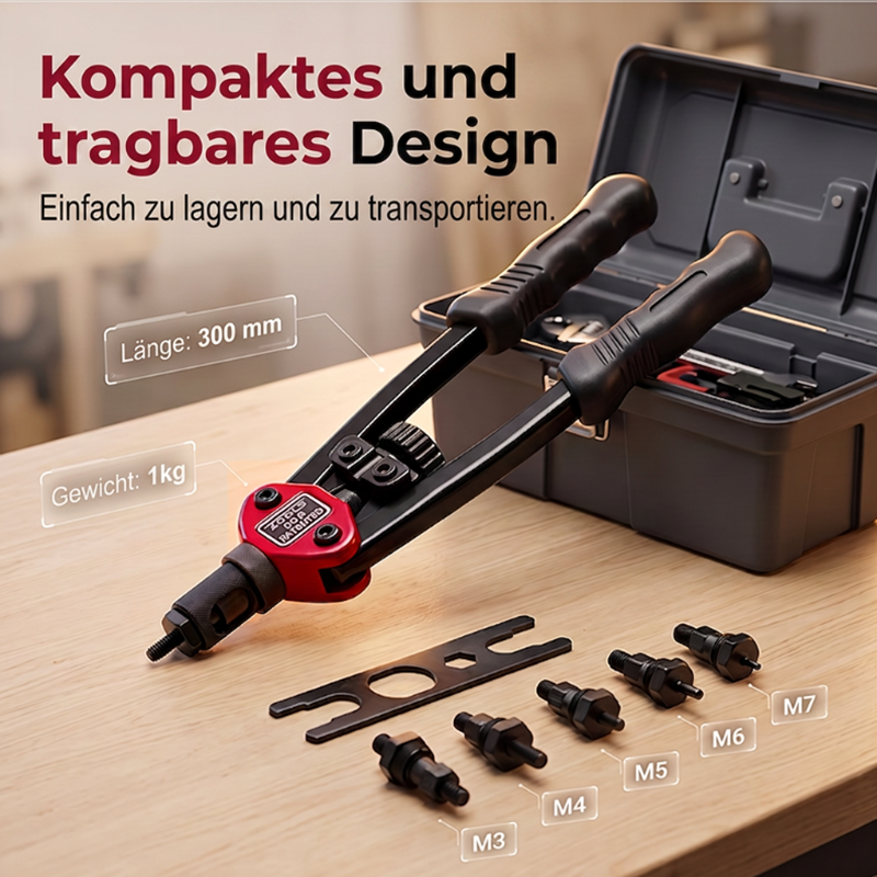 🛠️ Doppelgriff-Nietmuttern-Werkzeugset – Profi-Set mit werkzeuglosem Dornwechsel – M3–M12, kraftsparende Doppelhebel, blind setzbar in Blech & Profil – Stabil, präzise & sofort startklar 🔩