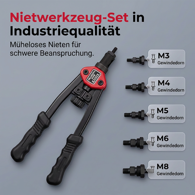 🛠️ Doppelgriff-Nietmuttern-Werkzeugset – Profi-Set mit werkzeuglosem Dornwechsel – M3–M12, kraftsparende Doppelhebel, blind setzbar in Blech & Profil – Stabil, präzise & sofort startklar 🔩