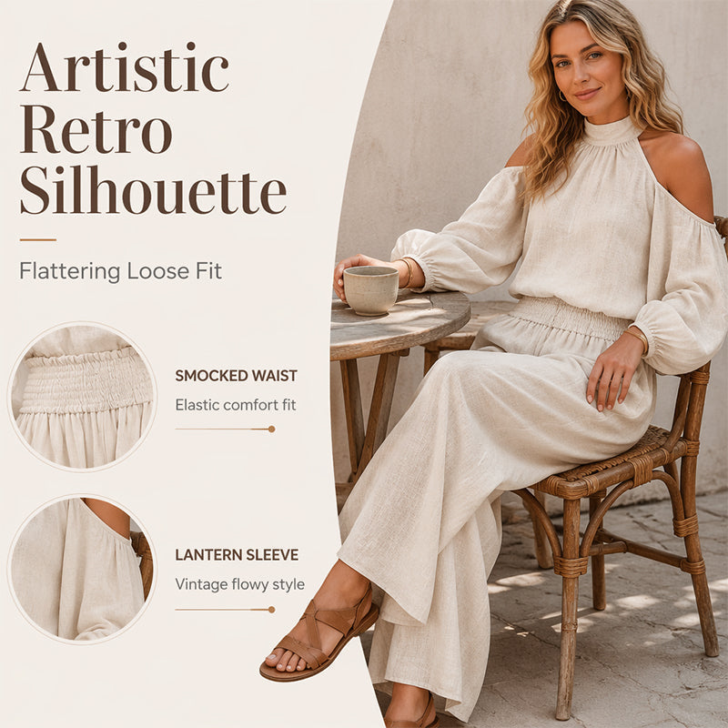 🔥 50% RABATT! 🌸 Damen 2-teiliges Set ✨ Cold-Shoulder Neckholder-Top & Weite Hose – Leicht, Elegant & Perfekt für Sommer, Urlaub und Freizeit