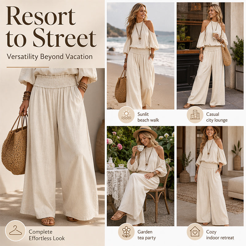 🔥 50% RABATT! 🌸 Damen 2-teiliges Set ✨ Cold-Shoulder Neckholder-Top & Weite Hose – Leicht, Elegant & Perfekt für Sommer, Urlaub und Freizeit