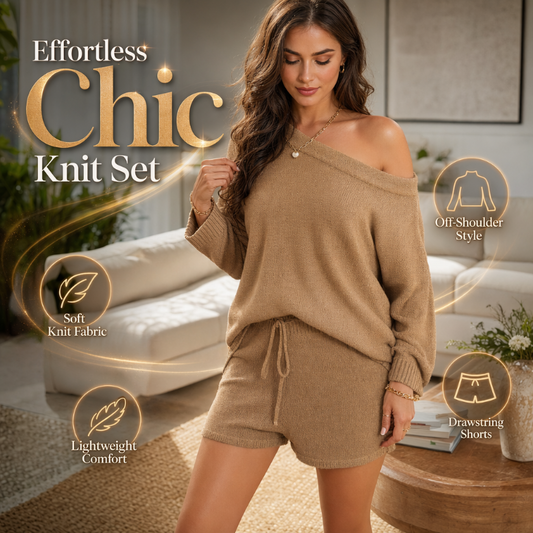 👗🌿 50% RABATT! Damen Lässiges Off-Shoulder Strickpullover & Shorts Set – Weich, luftig & perfekt für Sommer, Freizeit & zu Hause ✨