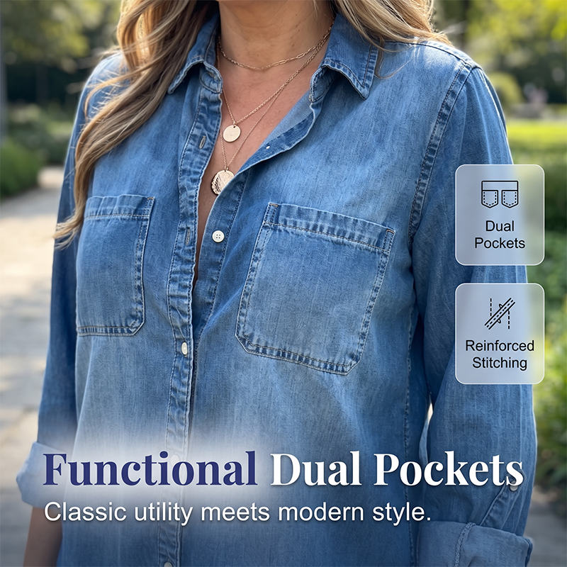 Damen Lässiger Jeansjacke mit aufrollbaren langen Ärmeln