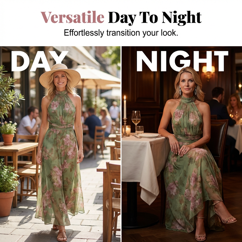 🌸 50% RABATT! 👗 Elegantes Maxi-Kleid mit Blumendruck & Neckholder – Fließender Stoff, figurschmeichelnd & Boho-Stil – Ideal für Sommer, Urlaub & warme Abende ☀️