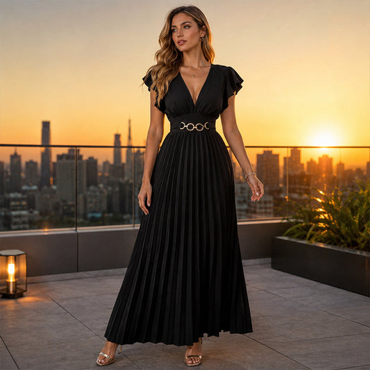 🎉 2026 Sale — Over 35,000 Sold!💃Flowy Pleated Maxi Dress – V-Neck, Ruffle Sleeves, Metal Waistband 🌸