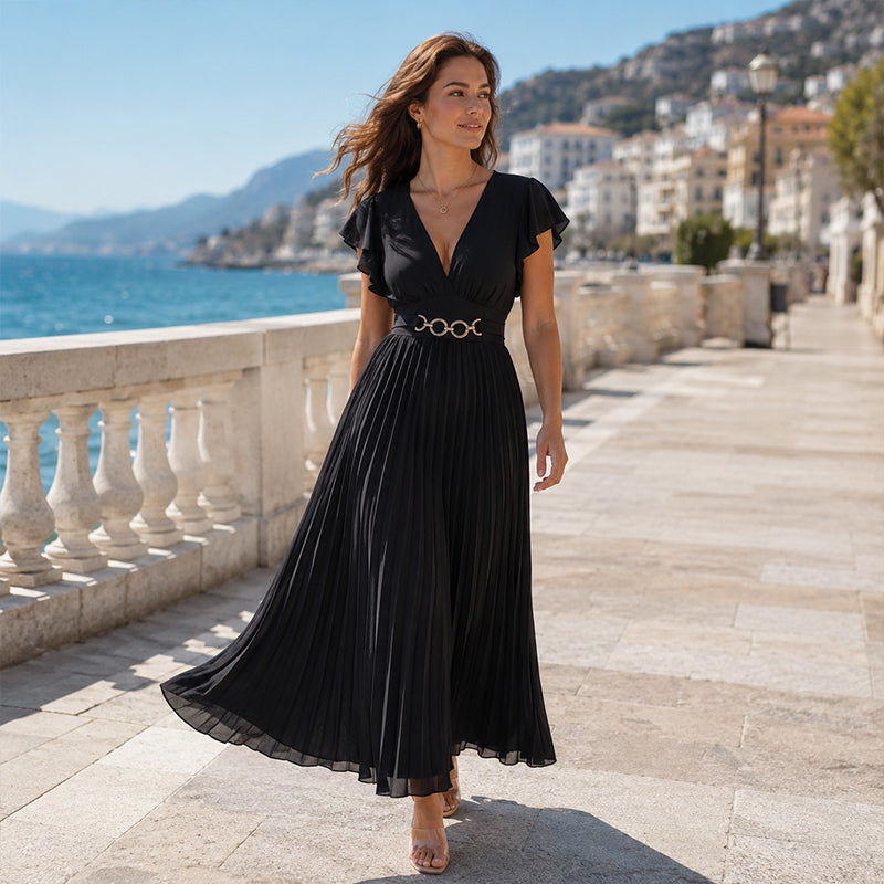 🎉 2026 Sale — Over 35,000 Sold!💃Flowy Pleated Maxi Dress – V-Neck, Ruffle Sleeves, Metal Waistband 🌸
