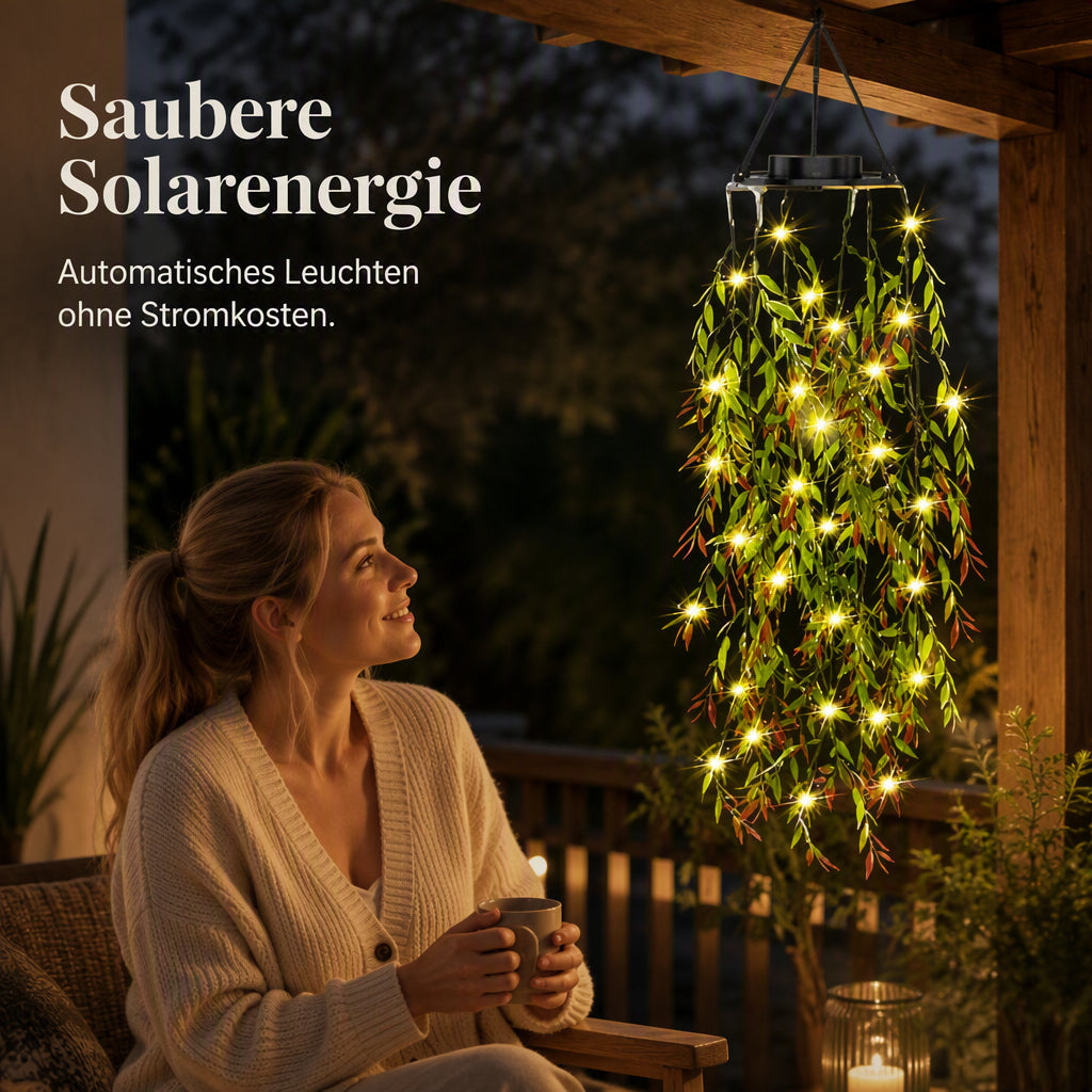 🌿💡 50% RABATT! Solarbetriebene Weidenblatt-Hängelichterkette – Warmweißes Licht, wetterfest & automatisch – Perfekt für Garten, Balkon, Terrasse & Partydekoration ✨