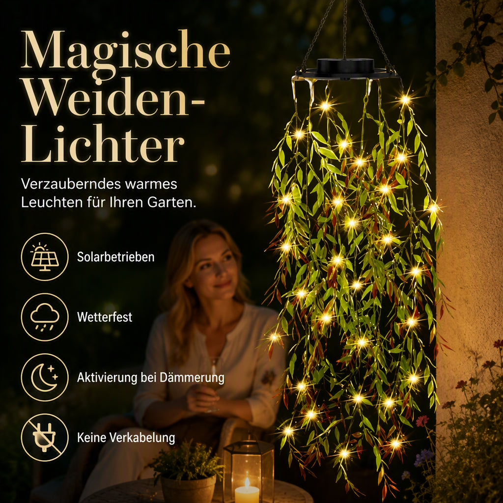 🌿💡 50% RABATT! Solarbetriebene Weidenblatt-Hängelichterkette – Warmweißes Licht, wetterfest & automatisch – Perfekt für Garten, Balkon, Terrasse & Partydekoration ✨