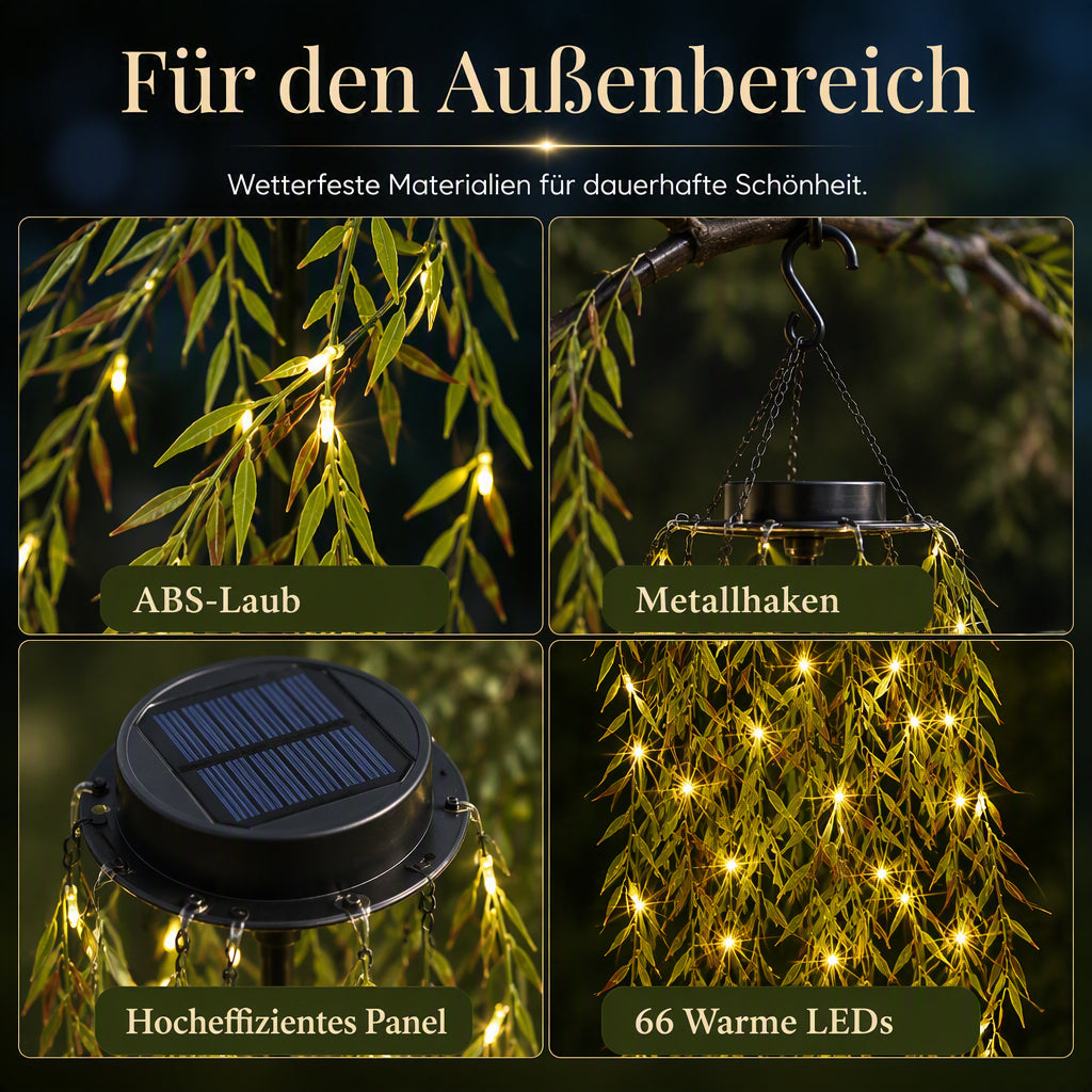 🌿💡 50% RABATT! Solarbetriebene Weidenblatt-Hängelichterkette – Warmweißes Licht, wetterfest & automatisch – Perfekt für Garten, Balkon, Terrasse & Partydekoration ✨