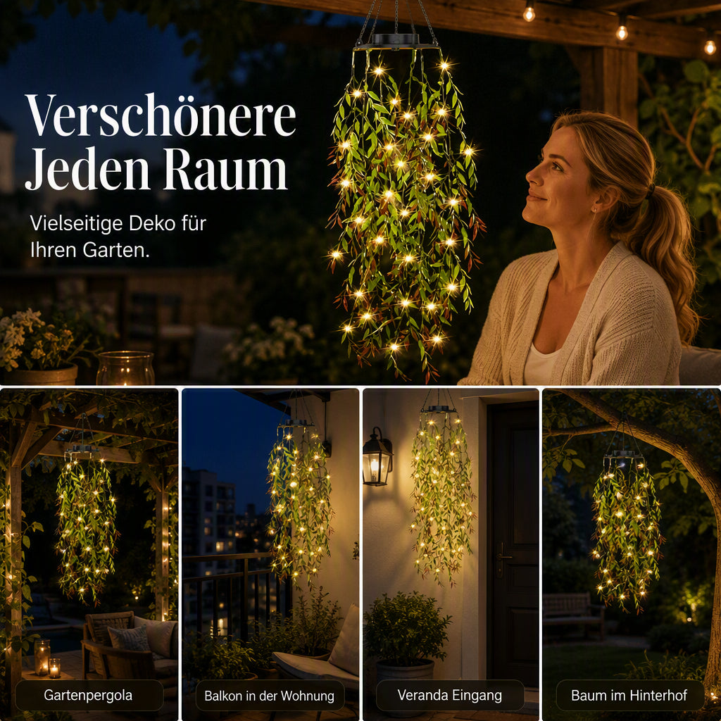 🌿💡 50% RABATT! Solarbetriebene Weidenblatt-Hängelichterkette – Warmweißes Licht, wetterfest & automatisch – Perfekt für Garten, Balkon, Terrasse & Partydekoration ✨