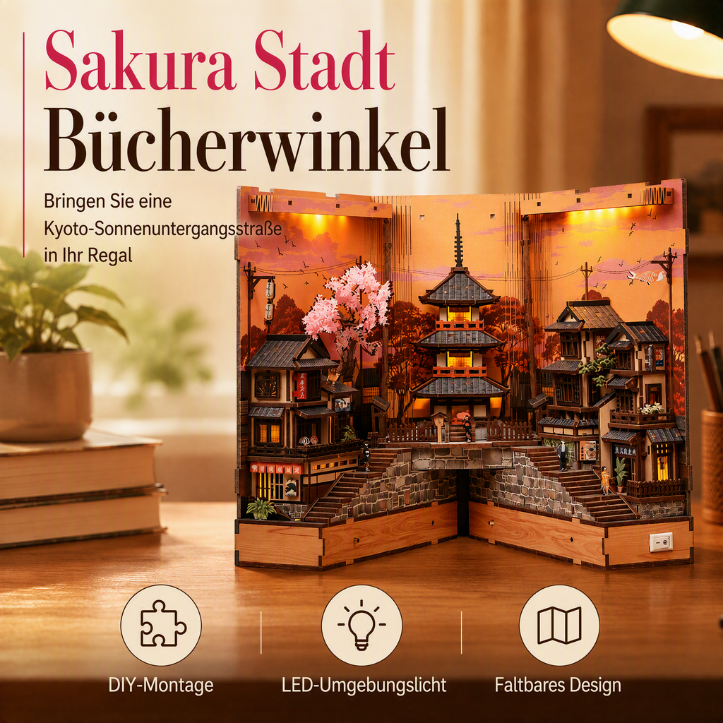 🏮 50% RABATT! DIY-Buchnischen-Bausatz „Kyoto-Gasse“ aus Holz – 3D-Miniatur-Holzbaukasten mit Laternen, Holzhäusern, Torii & Steinpfad – Laserfeingeschnittenes Sperrholz, inkl. LED-Laternen-Set, Kleber & Anleitung – Für Bücherregal, Vitrine & Geschenk 📚🏮