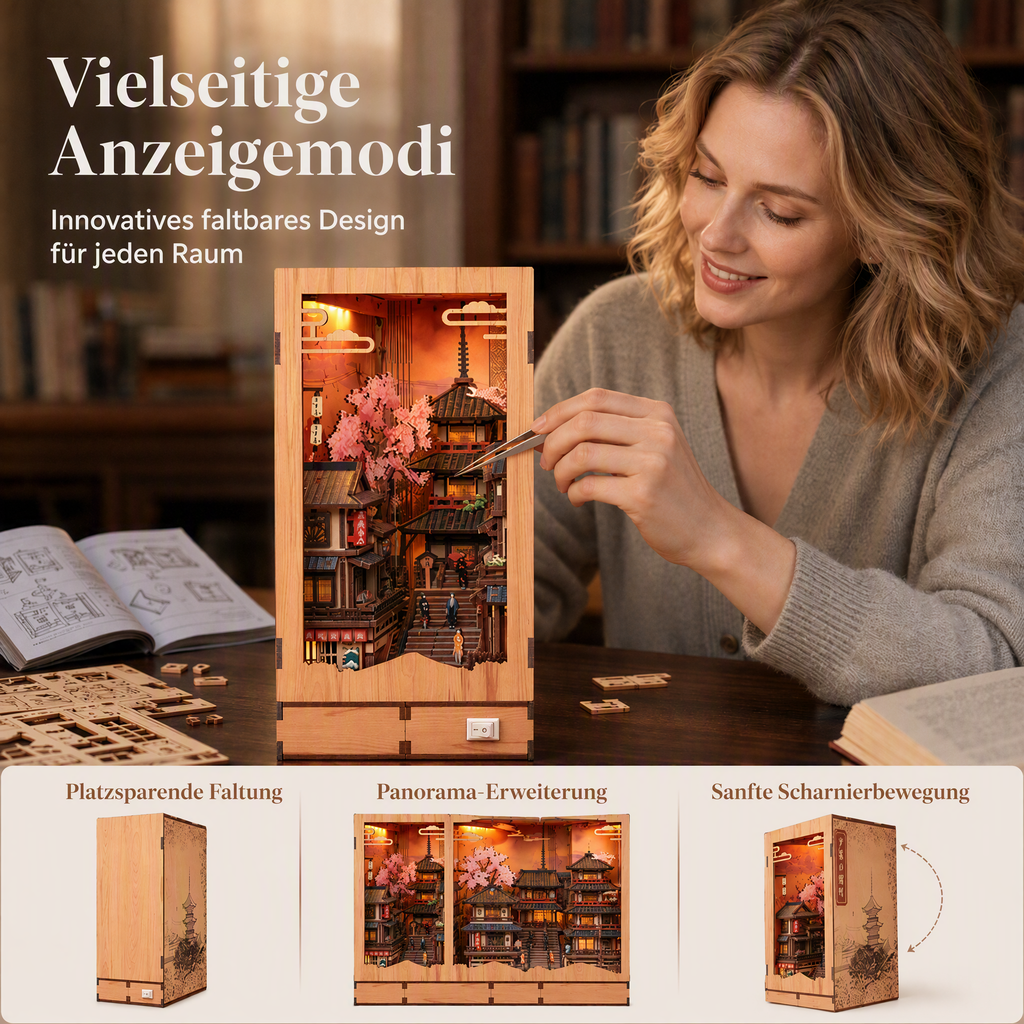 🏮 50% RABATT! DIY-Buchnischen-Bausatz „Kyoto-Gasse“ aus Holz – 3D-Miniatur-Holzbaukasten mit Laternen, Holzhäusern, Torii & Steinpfad – Laserfeingeschnittenes Sperrholz, inkl. LED-Laternen-Set, Kleber & Anleitung – Für Bücherregal, Vitrine & Geschenk 📚🏮