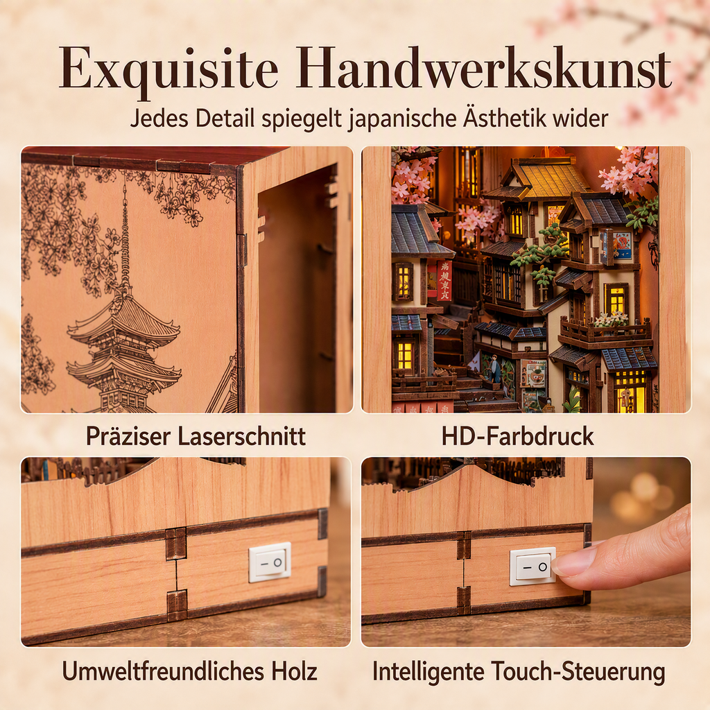 🏮 50% RABATT! DIY-Buchnischen-Bausatz „Kyoto-Gasse“ aus Holz – 3D-Miniatur-Holzbaukasten mit Laternen, Holzhäusern, Torii & Steinpfad – Laserfeingeschnittenes Sperrholz, inkl. LED-Laternen-Set, Kleber & Anleitung – Für Bücherregal, Vitrine & Geschenk 📚🏮