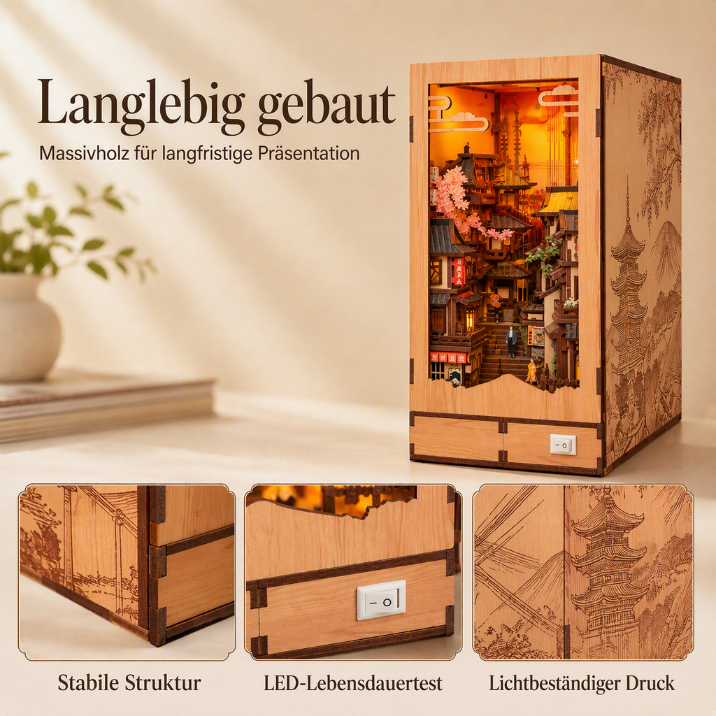 🏮 50% RABATT! DIY-Buchnischen-Bausatz „Kyoto-Gasse“ aus Holz – 3D-Miniatur-Holzbaukasten mit Laternen, Holzhäusern, Torii & Steinpfad – Laserfeingeschnittenes Sperrholz, inkl. LED-Laternen-Set, Kleber & Anleitung – Für Bücherregal, Vitrine & Geschenk 📚🏮
