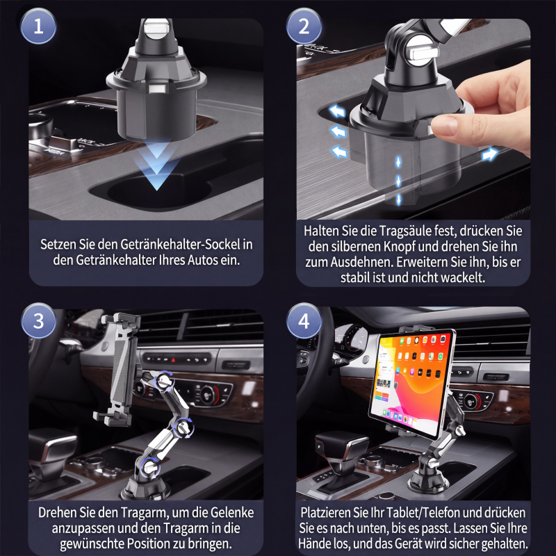 🚗📱Klappbarer Auto-Getränkehalter-Tablethalter – 1080° verstellbarer Handy- und Tabletständer