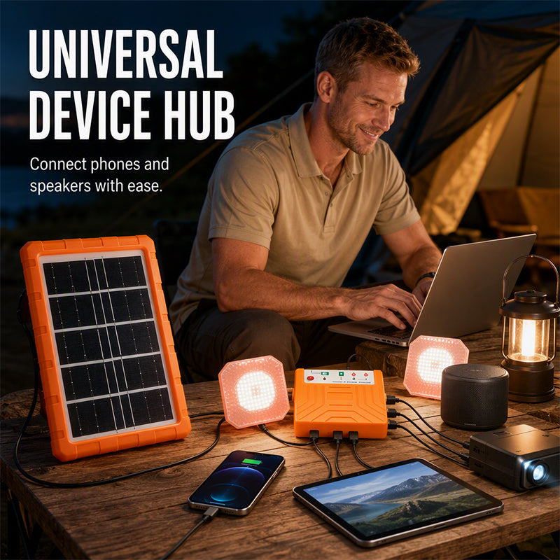 ☀️ Tragbares Solarstromsystem – 4 W Panel, 2400 mAh Akku, Typ-C/USB/DC. Inkl. 2 LED-Leuchten. Wasserdicht, stoßfest. Für Camping & Notfälle 🛡️