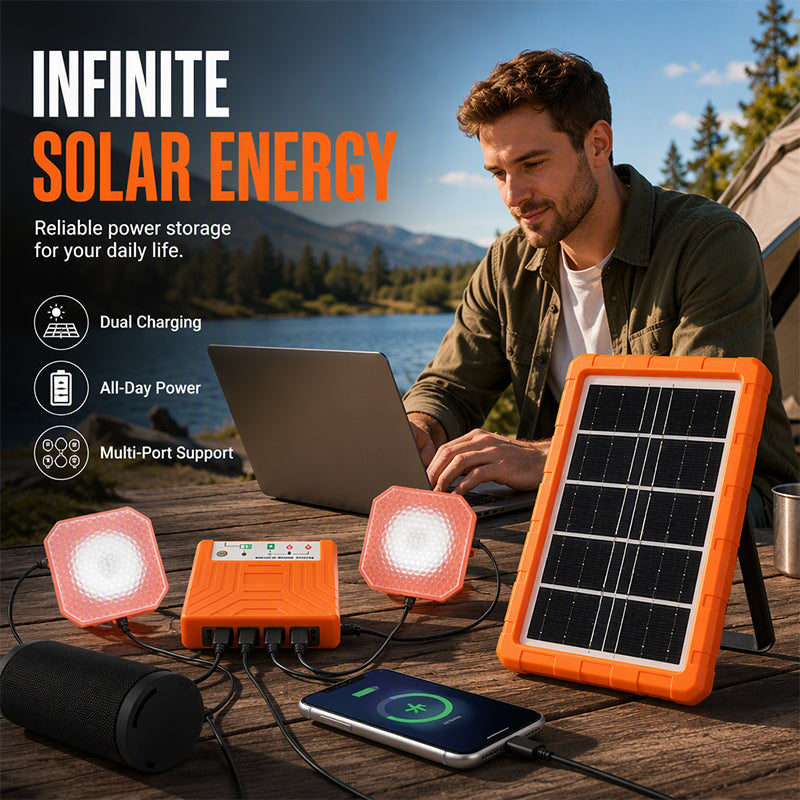 ☀️ Tragbares Solarstromsystem – 4 W Panel, 2400 mAh Akku, Typ-C/USB/DC. Inkl. 2 LED-Leuchten. Wasserdicht, stoßfest. Für Camping & Notfälle 🛡️