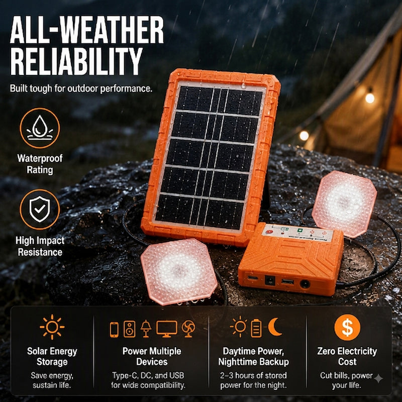 ☀️ Tragbares Solarstromsystem – 4 W Panel, 2400 mAh Akku, Typ-C/USB/DC. Inkl. 2 LED-Leuchten. Wasserdicht, stoßfest. Für Camping & Notfälle 🛡️