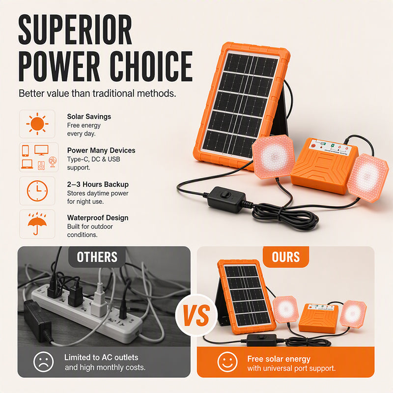 ☀️ Tragbares Solarstromsystem – 4 W Panel, 2400 mAh Akku, Typ-C/USB/DC. Inkl. 2 LED-Leuchten. Wasserdicht, stoßfest. Für Camping & Notfälle 🛡️