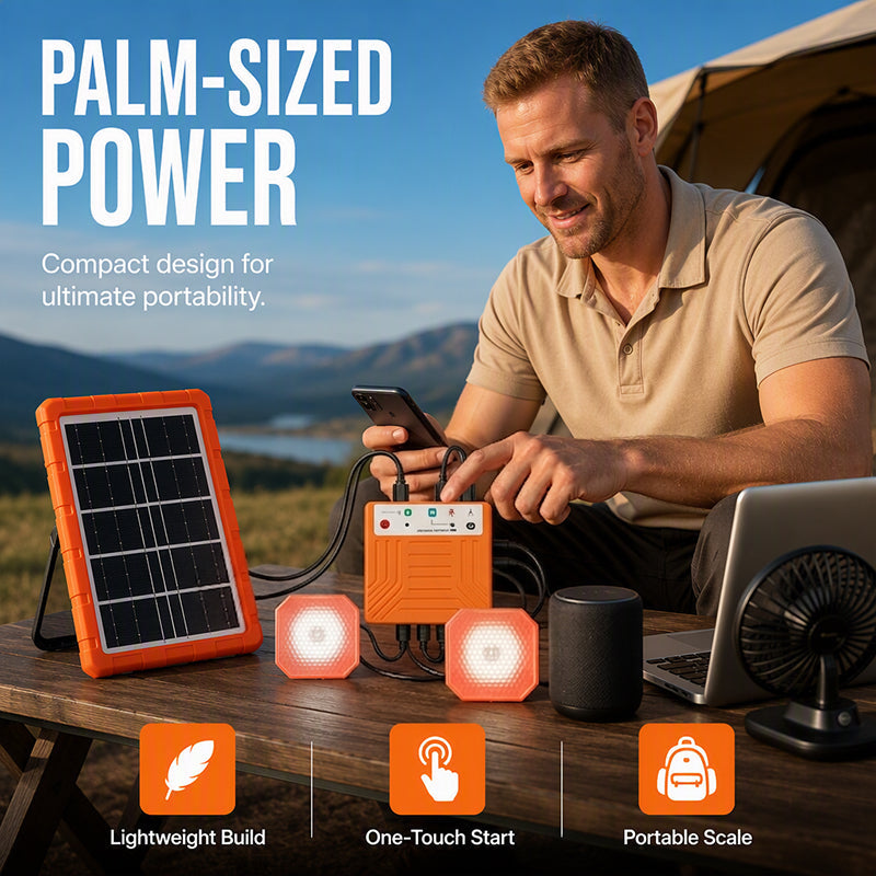 ☀️ Tragbares Solarstromsystem – 4 W Panel, 2400 mAh Akku, Typ-C/USB/DC. Inkl. 2 LED-Leuchten. Wasserdicht, stoßfest. Für Camping & Notfälle 🛡️