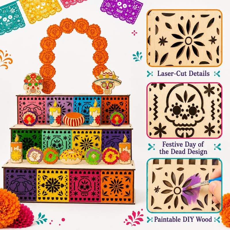 50% RABATT! 💀 Día de los Muertos Holz-Ofrenda-Regal mit 3 Etagen – Dekoratives Altar-Regal für Totengedenken, Calavera-Dekor & Kerzen – Handbemalt, stabil & stimmungsvoll 🕯️