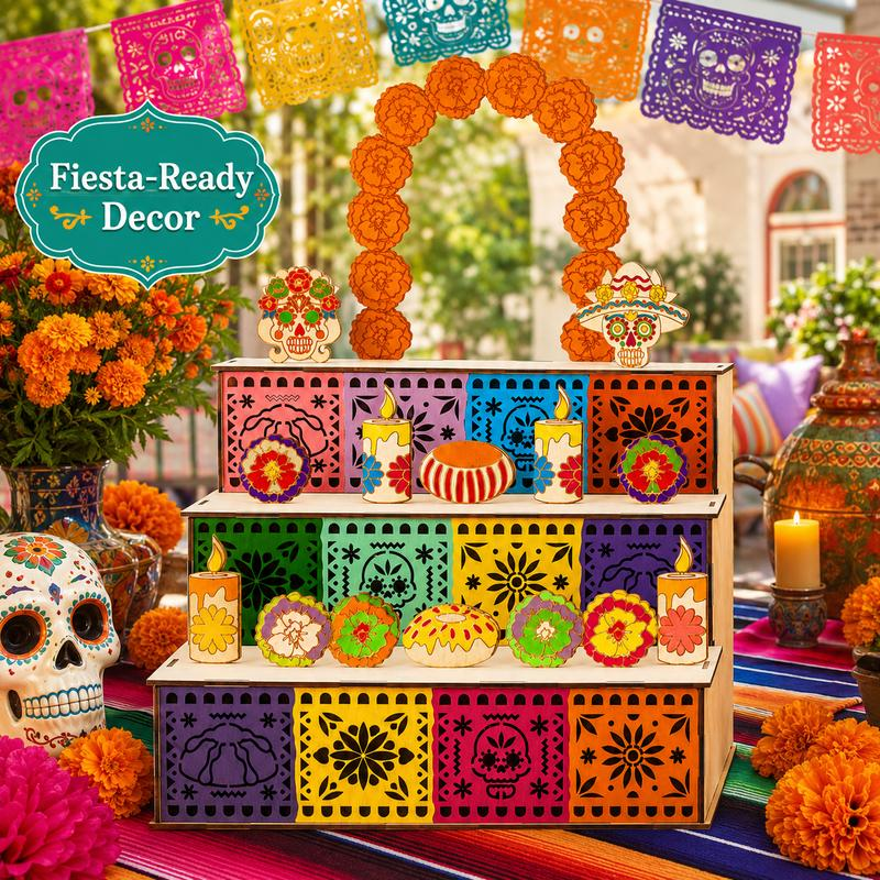 50% RABATT! 💀 Día de los Muertos Holz-Ofrenda-Regal mit 3 Etagen – Dekoratives Altar-Regal für Totengedenken, Calavera-Dekor & Kerzen – Handbemalt, stabil & stimmungsvoll 🕯️