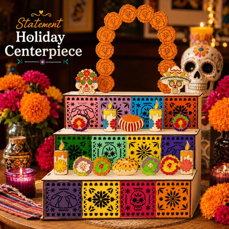 50% RABATT! 💀 Día de los Muertos Holz-Ofrenda-Regal mit 3 Etagen – Dekoratives Altar-Regal für Totengedenken, Calavera-Dekor & Kerzen – Handbemalt, stabil & stimmungsvoll 🕯️
