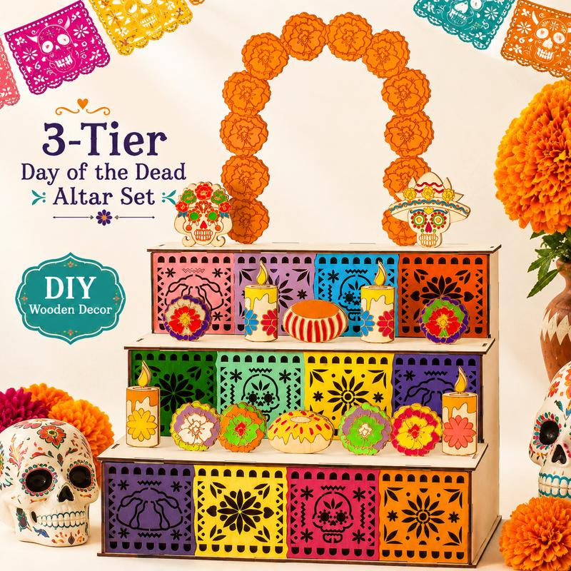 50% RABATT! 💀 Día de los Muertos Holz-Ofrenda-Regal mit 3 Etagen – Dekoratives Altar-Regal für Totengedenken, Calavera-Dekor & Kerzen – Handbemalt, stabil & stimmungsvoll 🕯️