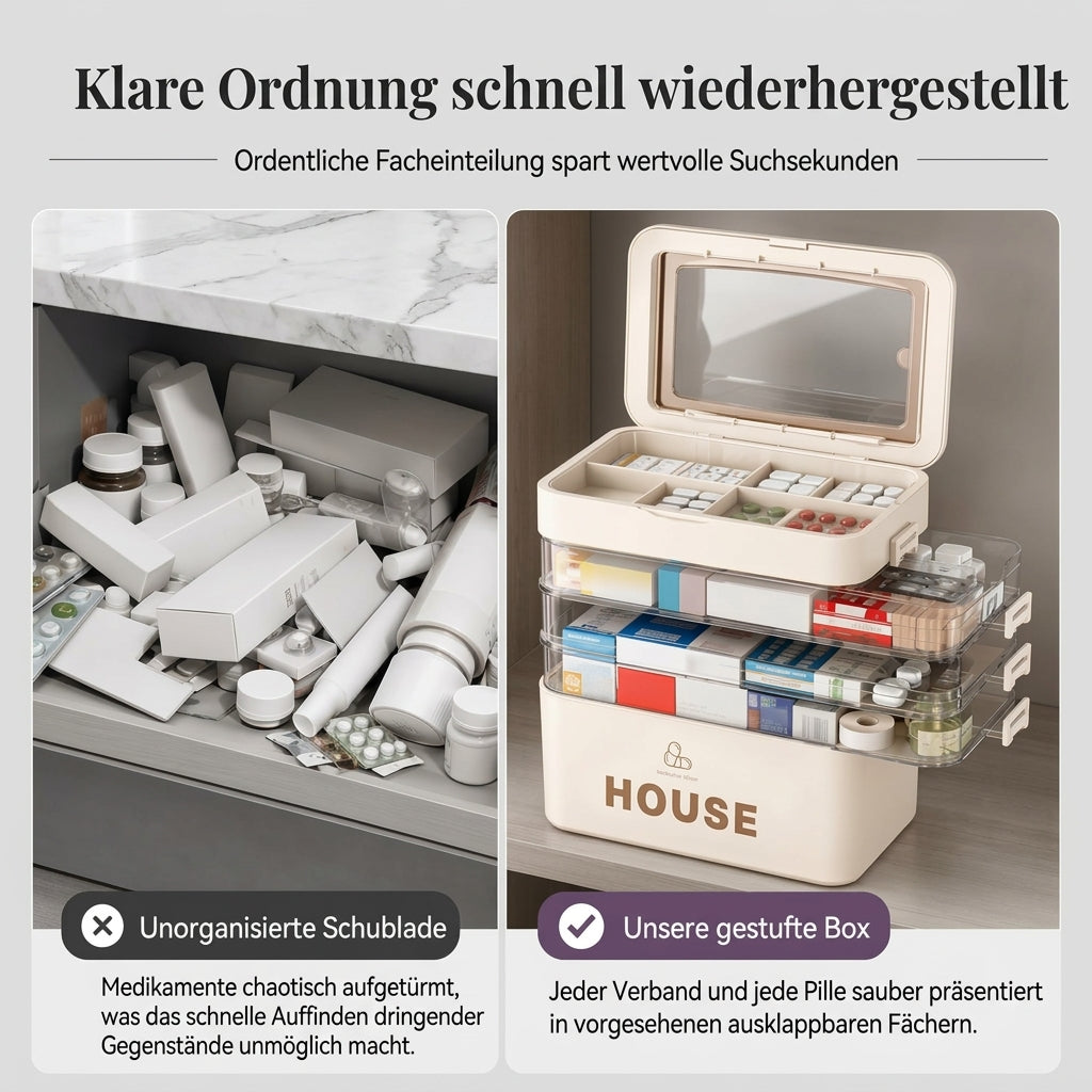 Große Medikamentenaufbewahrungsbox aus Kunststoff mit mehrlagigen, unterteilten Fächern, tragbare Organizer-Box für die Notfall-Erste Hilfe im Haushalt