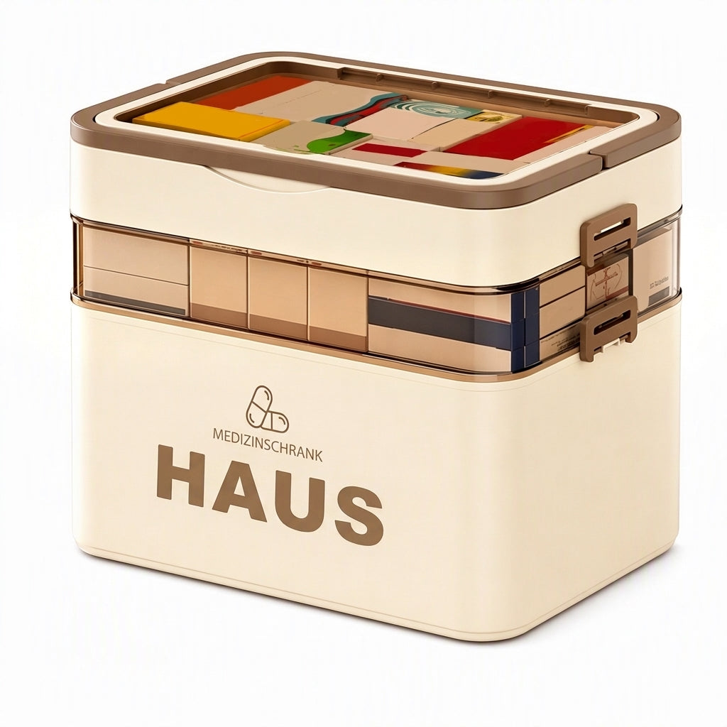 Große Medikamentenaufbewahrungsbox aus Kunststoff mit mehrlagigen, unterteilten Fächern, tragbare Organizer-Box für die Notfall-Erste Hilfe im Haushalt