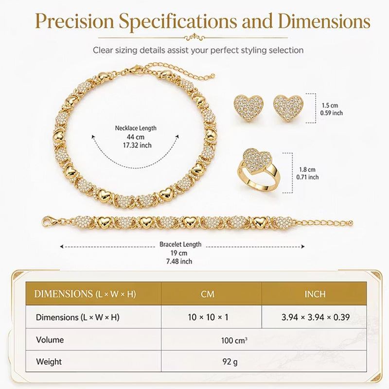 💖✨ 4-teiliges Schmuckset mit Herzdesign – Halskette, Armband, Ring & Ohrringe in Goldton
