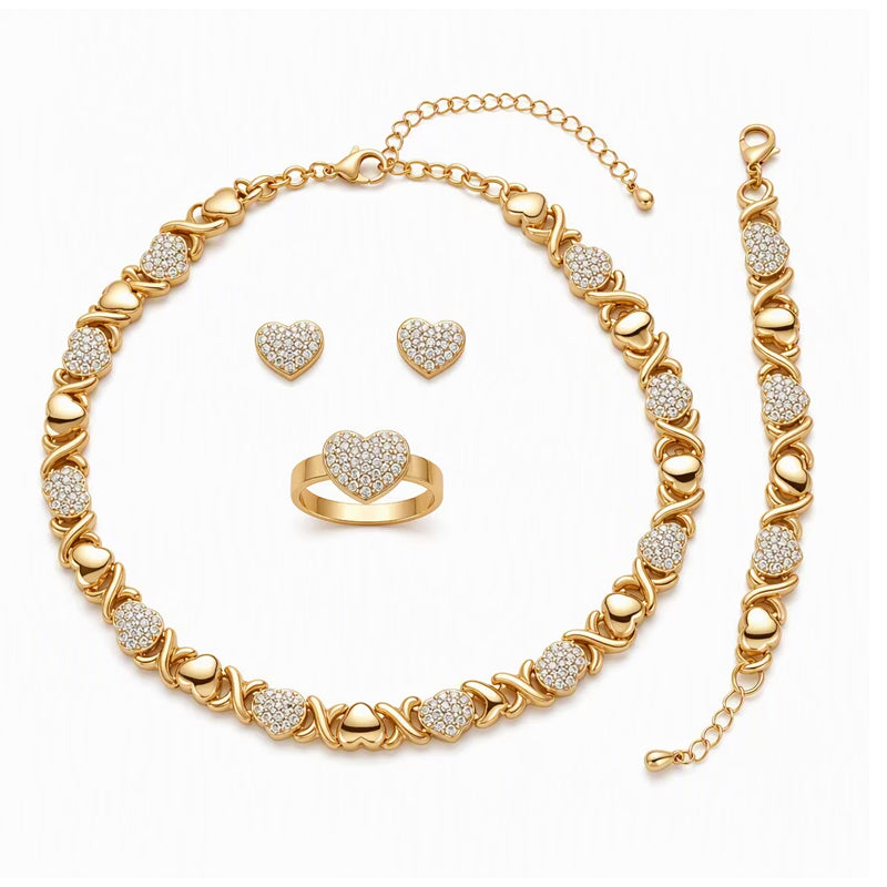 💖✨ 4-teiliges Schmuckset mit Herzdesign – Halskette, Armband, Ring & Ohrringe in Goldton
