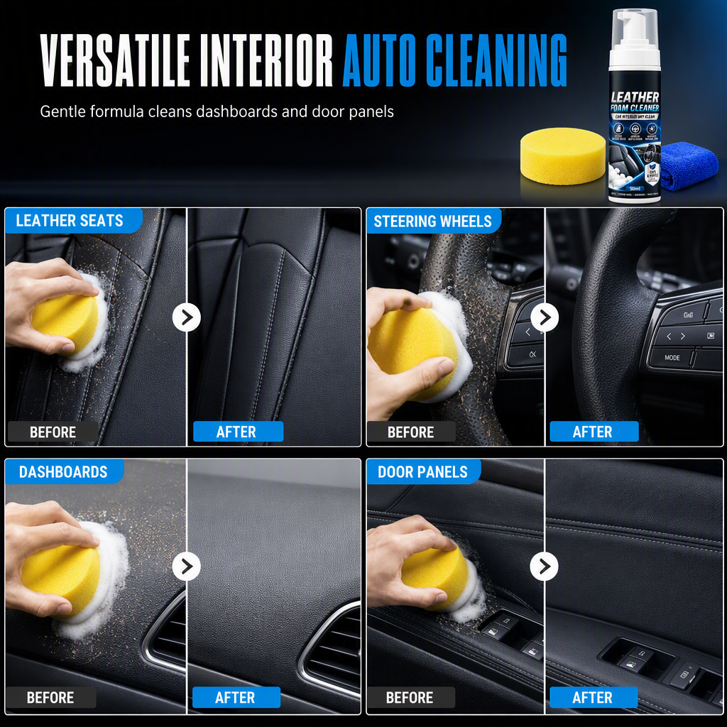 🚗 NEU! ✨ Auto‑Innenraum Leder‑Schaumreiniger‑Set – Tiefenreinigung & Pflege für Leder, Kunstleder & Cockpit – Entfernt Schmutz, Fett & Alltagsspuren ohne Ausbleichen – Für sitzende Komfortpflege in wenigen Minuten 🧴🛋️