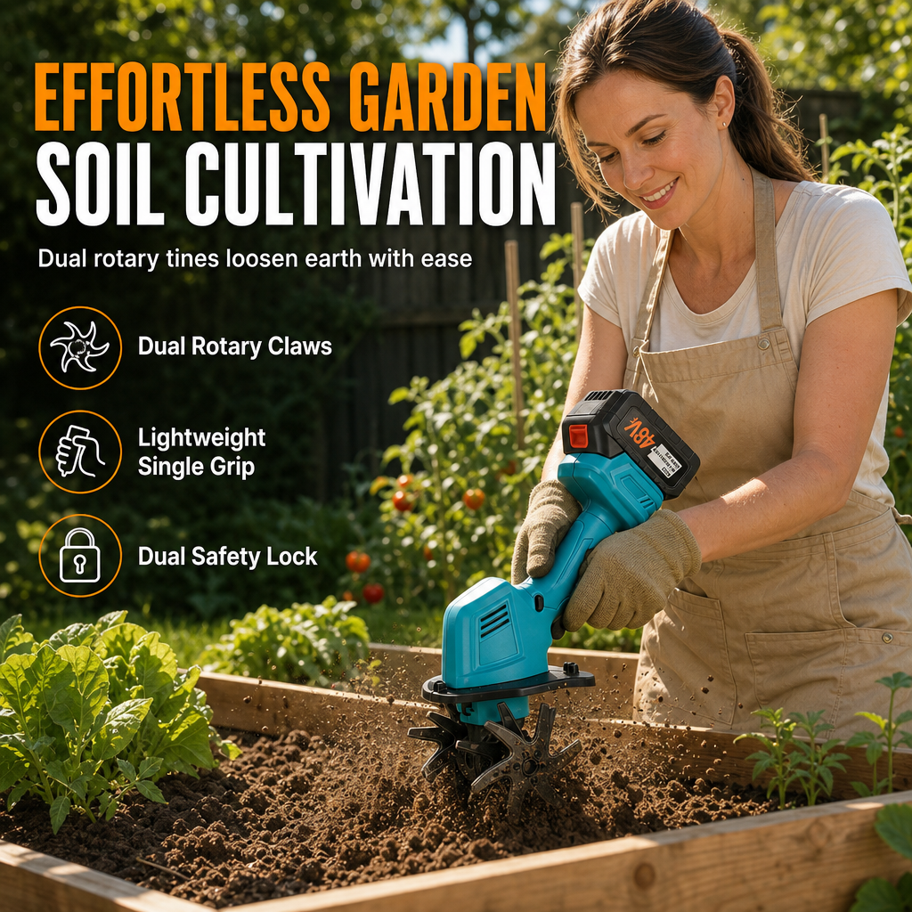 🌱 NEU! 🔋 Kabellose Mini‑Gartenfräse mit 21‑V‑Lithium‑Akku – Handlicher Bodenlockerer & Unkrautentferner – Drahtlos throughs Beet, 235 U/min, Manganstahl‑Zinken – Für Hochbeet, Gemüsegarten & Blumenrabatten ohne Kabelchaos 🪴