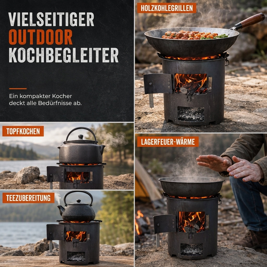 🏕️ 50 % RABATT 🔥 Tragbarer Holz-Kohle Ofen, multifunktional zum Campen, Grillen und Heizen