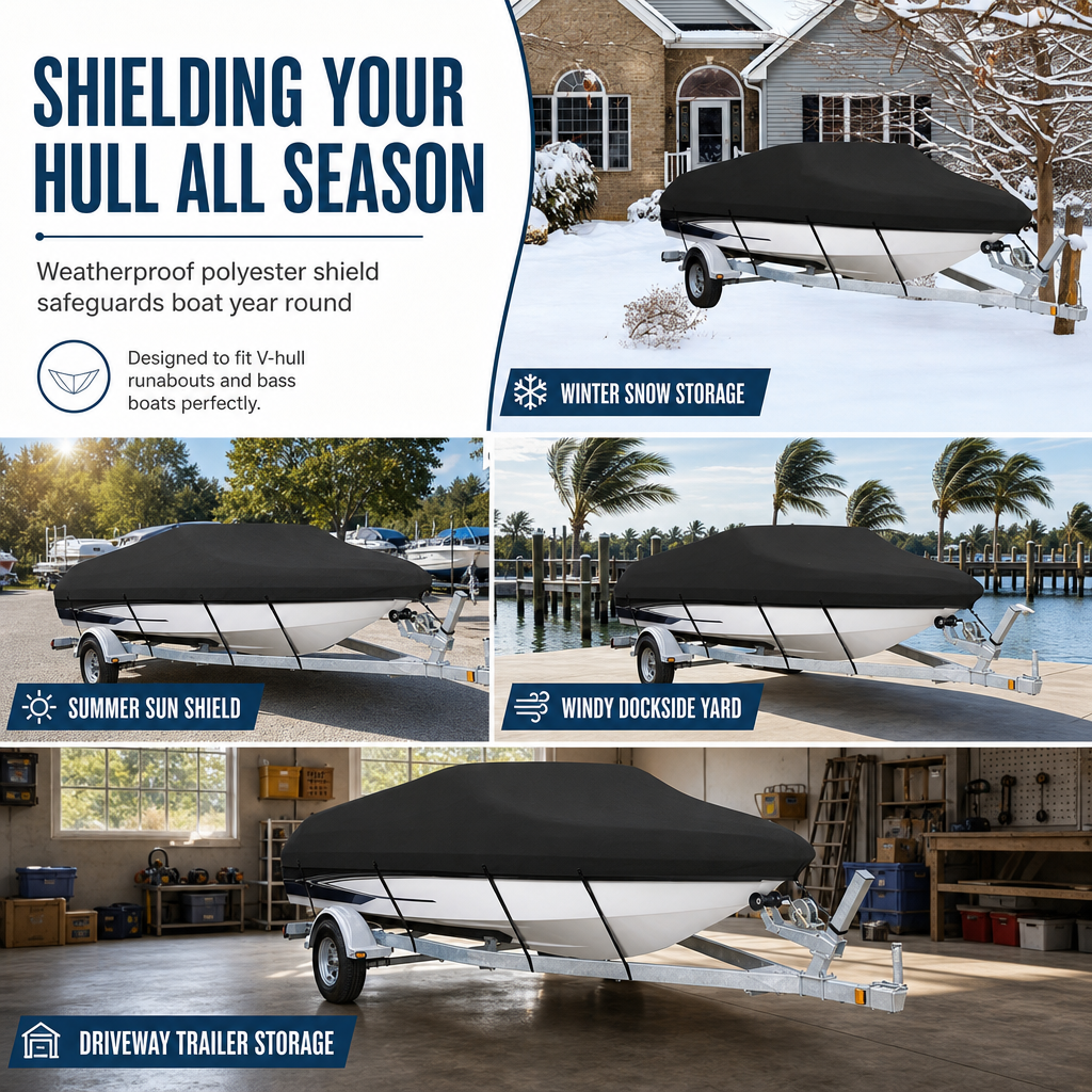 ⛵ Wasserdichte Outdoor-Bootsabdeckung für V-Rumpf-Boote – Schutz vor Regen, UV, Schmutz & Vogelkot – Für Lagerung, Anlegesteg & Straßentransport – Stabiler Sitz dank Spanngurt & Elastic-Hem – Passt sich der V-Rumpf-Form an, damit kein Wasser sackt 🌊