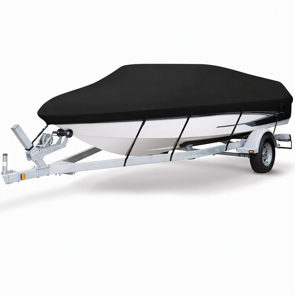 ⛵ Wasserdichte Outdoor-Bootsabdeckung für V-Rumpf-Boote – Schutz vor Regen, UV, Schmutz & Vogelkot – Für Lagerung, Anlegesteg & Straßentransport – Stabiler Sitz dank Spanngurt & Elastic-Hem – Passt sich der V-Rumpf-Form an, damit kein Wasser sackt 🌊