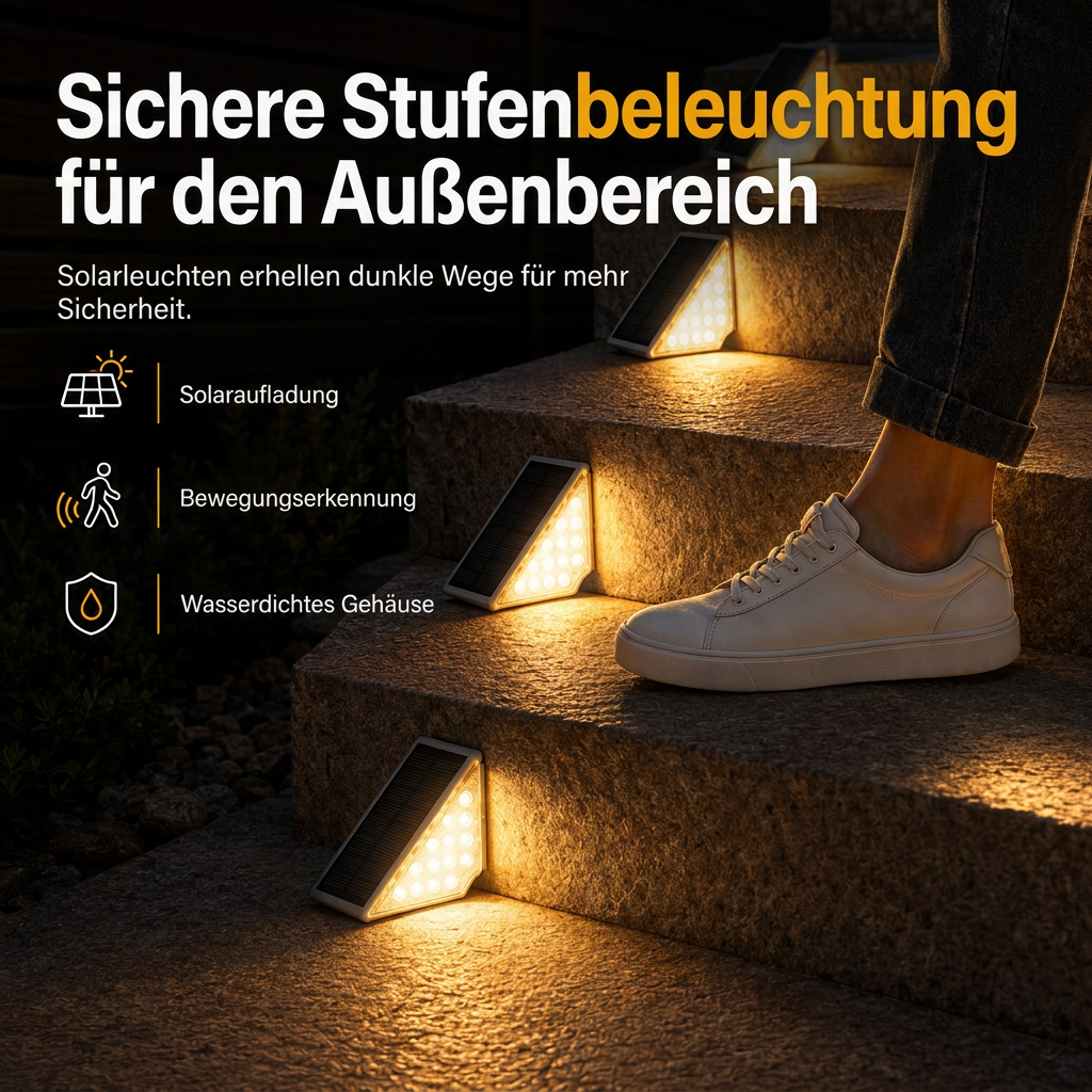 ☀️💡 Solar-Außentreppenleuchte – Kabellos, wasserdicht, automatisch – Lädt bei Tag, leuchtet bei Nacht 🚶✨