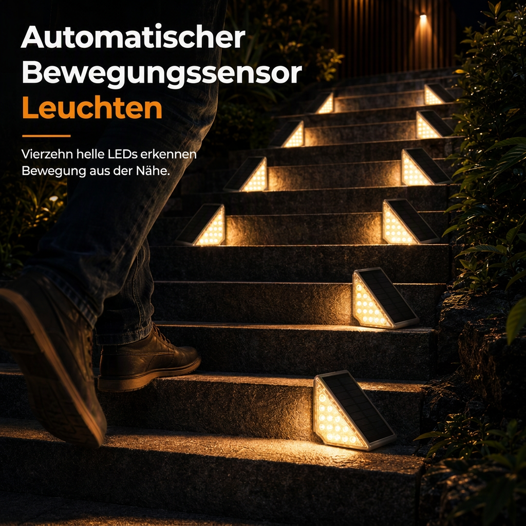 ☀️💡 Solar-Außentreppenleuchte – Kabellos, wasserdicht, automatisch – Lädt bei Tag, leuchtet bei Nacht 🚶✨
