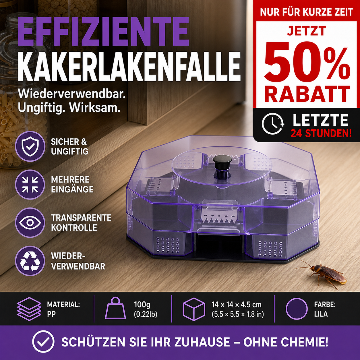 JETZT 50% RABATT! Hochwirksame, wiederverwendbare Kakerlakenfalle – Umweltfreundlich, sicher, leicht zu reinigen – Wiederverwendbarer Schädlingsfänger für den Haushalt ✨