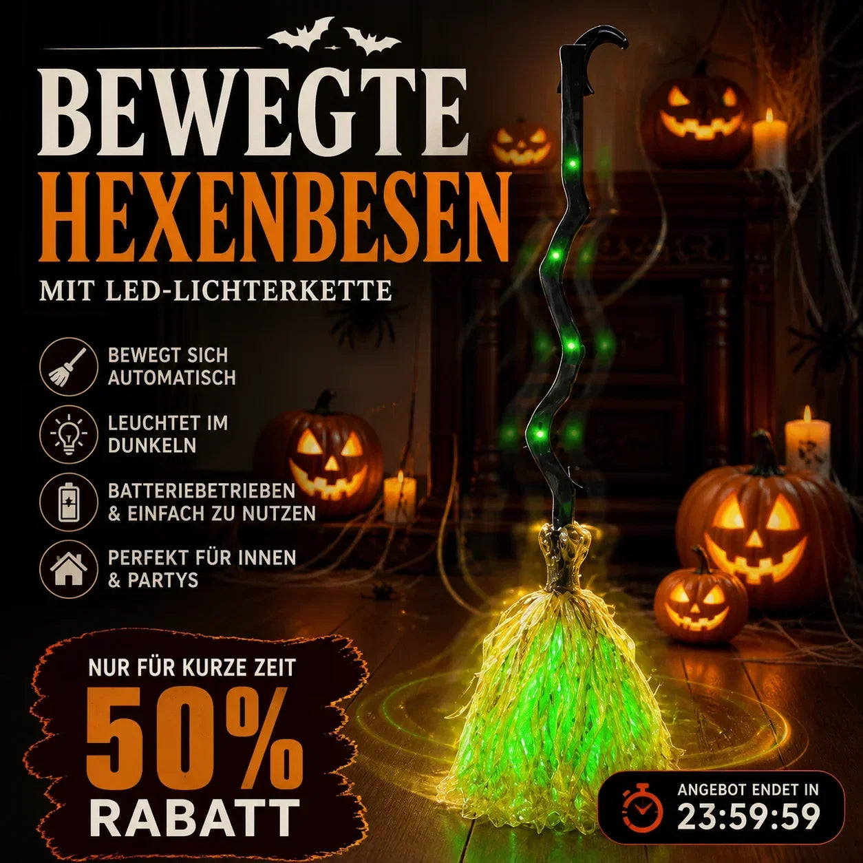 💥 50 % Rabatt ! Halloween Hexenbesen mit Lauflicht & Gruselgeräuschen – Kein Aufwand, voller Schrecken! 🧹 Überall aufstellbar, bewegt sich selbst, leuchtet grün ⚡ Limitiertes Angebot ⏳